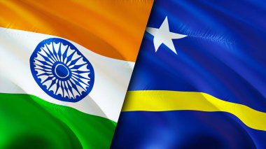Hindistan ve Curacao bayrakları. 3 boyutlu dalgalanan bayrak tasarımı. Hindistan Curacao bayrağı, resim, duvar kağıdı. Hindistan, Curacao 'ya karşı, görüntü 3 boyutlu. Hindistan Curacao ilişkileri ittifak ve ticaret, seyahat, turizm konsepti