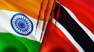 Hindistan, Trinidad ve Tobago bayrakları yara izi konseptiyle. Dalgalanan bayrak, 3 boyutlu görüntüleme. Hindistan ve Trinidad ve Tobago çatışma konsepti. Hindistan Trinidad ve Tobago ilişkileri kavramı. Hindistan bayrağı.