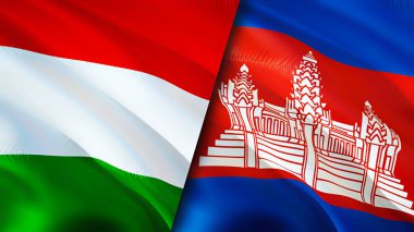Macaristan ve Kamboçya bayrakları. 3 boyutlu dalgalanan bayrak tasarımı. Macaristan Kamboçya bayrağı, resim, duvar kağıdı. Macaristan Kamboçya 'ya karşı, görüntü 3 boyutlu. Macaristan Kamboçya ilişkileri ittifak ve ticaret, seyahat, turnuva