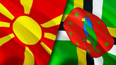 Kuzey Makedonya ve Dominica bayrakları. 3 boyutlu dalgalanan bayrak tasarımı. Kuzey Makedonya Dominika bayrağı, resim, duvar kağıdı. Kuzey Makedonya, Dominica 'ya karşı, görüntü 3D. Kuzey Makedonya Dominika ilişkileri
