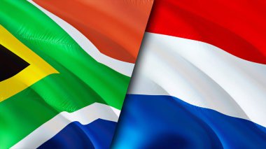 Güney Afrika ve Hollanda bayrakları. 3 boyutlu dalgalanan bayrak tasarımı. Güney Afrika Hollanda bayrağı, resim, duvar kağıdı. Güney Afrika, Hollanda 'ya karşı. Görüntü 3D. Güney Afrika-Hollanda ilişkisi. Tarihi bayrak