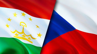 Tacikistan ve Çek bayrakları. 3 boyutlu dalgalanan bayrak tasarımı. Tacikistan Çek bayrağı, resim, duvar kağıdı. Tacikistan, Çek imajına karşı, 3D görüntüleme. Tacikistan Çek İlişkileri İttifak ve Ticaret, Seyahat, Turnuva