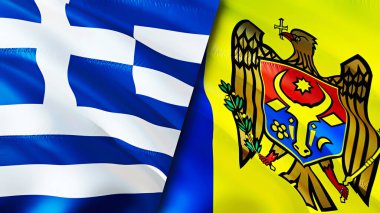 Yunanistan ve Moldova bayrakları. 3 boyutlu dalgalanan bayrak tasarımı. Yunanistan Moldova bayrağı, resim, duvar kağıdı. Yunanistan Moldova 'ya karşı, görüntü 3D. Yunanistan Moldova ilişkileri ittifak ve ticaret, seyahat ve turizm consepti