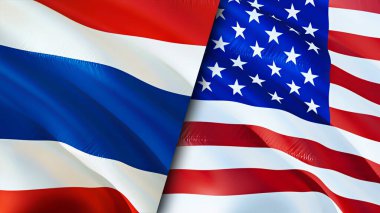 Tayland ve Birleşik Devletler bayrakları. 3 boyutlu dalgalanan bayrak tasarımı. Tayland ve Birleşik Devletler bayrağı, resim, duvar kağıdı. Tayland, Birleşik Devletler imajına karşı, 3D görüntüleme. Tayland ve ABD ilişkileri ittifakı
