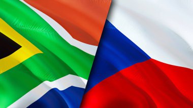 Güney Afrika ve Çek bayrakları. 3 boyutlu dalgalanan bayrak tasarımı. Güney Afrika Çek bayrağı, resim, duvar kağıdı. Güney Afrika, Çek imajına karşı, 3D görüntüleme. Güney Afrika Çek İlişkileri İttifakı