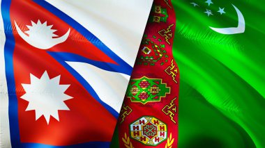 Nepal ve Türkmenistan bayrakları. 3 boyutlu dalgalanan bayrak tasarımı. Nepal Türkmenistan bayrağı, resim, duvar kağıdı. Nepal, Türkmenistan 'a karşı, görüntü 3 boyutlu. Nepal Türkmenistan ilişkileri bir ittifak