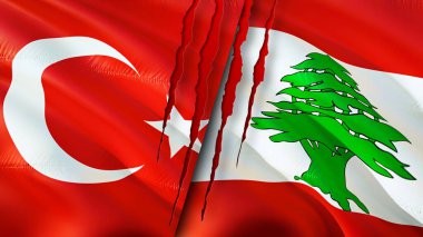 Yara izi olan Türkiye ve Lübnan bayrakları. Dalgalanan bayrak, 3 boyutlu görüntüleme. Türkiye ve Lübnan çatışma konsepti. Türkiye Lübnan ilişkileri kavramı. Türkiye ve Lübnan bayrağı kriz, savaş, saldırı konsepti