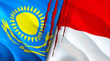 Yara izi olan Kazakistan ve Monako bayrakları. Dalgalanan bayrak, 3 boyutlu görüntüleme. Kazakistan ve Monako çatışma konsepti. Kazakistan Monako ilişkileri kavramı. Kazakistan bayrağı ve Monako krizi, savaş, attac