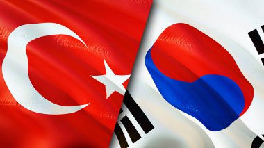 Türkiye ve Güney Kore bayrakları. 3 boyutlu dalgalanan bayrak tasarımı. Türkiye Güney Kore bayrağı, resim, duvar kağıdı. Türkiye, Güney Kore imajına karşı, 3D görüntüleme. Türkiye Güney Kore ilişkileri ittifakı