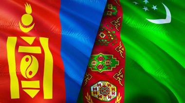 Moğolistan ve Türkmenistan bayrakları. 3 boyutlu dalgalanan bayrak tasarımı. Moğolistan Türkmenistan bayrağı, resim, duvar kağıdı. Moğolistan, Türkmenistan imajına karşı, 3 boyutlu canlandırma. Moğolistan Türkmenistan ilişkileri bir ittifak