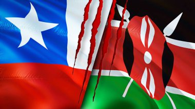 Yara izi olan Şili ve Kenya bayrakları. Dalgalanan bayrak, 3 boyutlu görüntüleme. Şili ve Kenya çatışma konsepti. Şili Kenya ilişkileri kavramı. Şili bayrağı ve Kenya krizi, savaş, saldırı konsepti