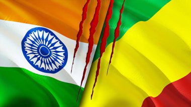 Yara izi olan Hindistan ve Kongo bayrakları. Dalgalanan bayrak, 3 boyutlu görüntüleme. Hindistan ve Kongo çatışma konsepti. Hindistan Kongo ilişkileri kavramı. Hindistan ve Kongo bayrağı krizi, savaş, saldırı konsepti