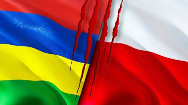 Mauritius ve Polonya yara izi olan bayraklar. Dalgalanan bayrak, 3 boyutlu görüntüleme. Mauritius ve Polonya çatışma konsepti. Mauritius Polonya ilişkileri kavramı. Mauritius bayrağı ve Polonya krizi, savaş, attac