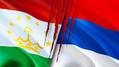 Tacikistan ve Sırbistan yara izi kavramına bayrak dikti. Dalgalanan bayrak, 3 boyutlu görüntüleme. Tacikistan ve Sırbistan ihtilaf kavramı. Tacikistan Sırbistan ilişkileri kavramı. Tacikistan ve Sırbistan bayrağı kriz, savaş, attac
