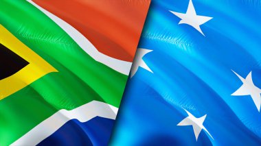 Güney Afrika ve Mikronezya bayrakları. 3 boyutlu dalgalanan bayrak tasarımı. Güney Afrika Mikronezya bayrağı, resim, duvar kağıdı. Güney Afrika, Mikronezya 'ya karşı, görüntü 3 boyutlu. Güney Afrika Mikronezya ilişkileri ittifak