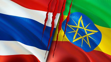 Yara izi olan Tayland ve Etiyopya bayrakları. Dalgalanan bayrak, 3 boyutlu görüntüleme. Tayland ve Etiyopya çatışma konsepti. Tayland Etiyopya ilişkileri kavramı. Tayland bayrağı ve Etiyopya krizi, savaş, attac