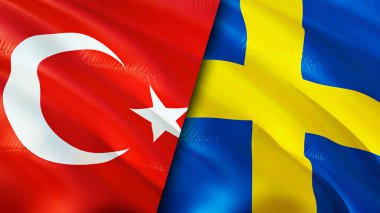 Türkiye ve İsveç bayrakları. 3 boyutlu dalgalanan bayrak tasarımı. Türkiye bayrağı, resim, duvar kağıdı. Türkiye, İsveç imajına karşı, 3D görüntüleme. Türkiye İsveç ilişkileri ittifak ve ticaret, seyahat ve turizm kavramları