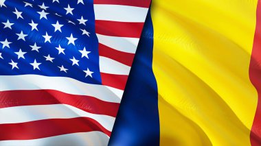 ABD ve Çad bayrakları. 3 boyutlu dalgalanan bayrak tasarımı. ABD Chad bayrağı, resim, duvar kağıdı. ABD, Chad 'e karşı, görüntü 3 boyutlu. ABD Çad ilişkileri ittifak ve ticaret, seyahat, turizm konsepti