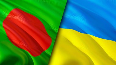 Bangladeş ve Ukrayna bayrakları. 3 boyutlu dalgalanan bayrak tasarımı. Bangladeş Ukrayna bayrağı, resim, duvar kağıdı. Bangladeş, Ukrayna 'ya karşı, 3 boyutlu görüntüleme. Bangladeş Ukrayna ilişkileri ittifakı