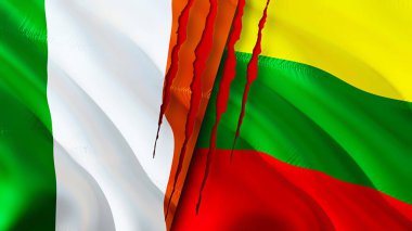 İrlanda ve Litvanya yara izi olan bayraklar. 3D bayrak sallama. İrlanda ve Litvanya çatışma konsepti. İrlanda Litvanya ilişkileri kavramı. İrlanda bayrağı ve Litvanya krizi, savaş, attac
