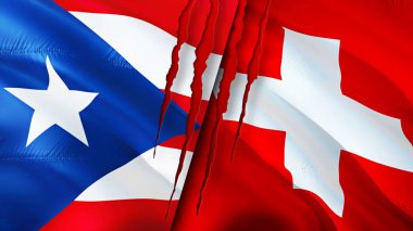 Porto Riko ve İsviçre bayraklarında yara izi var. Dalgalanan bayrak, 3 boyutlu görüntüleme. Porto Riko ve İsviçre çatışma konsepti. Porto Riko İsviçre ilişkileri kavramı. Porto Riko bayrağı ve