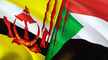 Brunei ve Sudan bayrakları yara izi konseptiyle. Dalgalanan bayrak, 3 boyutlu görüntüleme. Brunei ve Sudan çatışma konsepti. Brunei Sudan ilişkileri kavramı. Brunei ve Sudan bayrağı krizi, savaş, saldırı konsepti