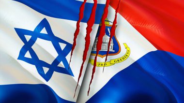 Yara izi olan İsrail ve Sint Maarten bayrakları. Dalgalanan bayrak, 3 boyutlu görüntüleme. İsrail ve Sint Maarten çatışma konsepti. İsrail Sint Maarten ilişkileri kavramı. İsrail bayrağı ve Sint Maarte