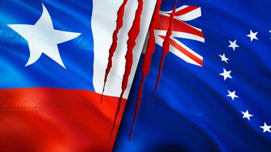 Şili ve Cook Adaları yara izi olan bayraklar. Dalgalanan bayrak, 3 boyutlu görüntüleme. Şili ve Cook Adaları çatışma konsepti. Şili Cook Adaları ilişkileri kavramı. Şili ve Cook Adaları bayrağı krizi, savaş