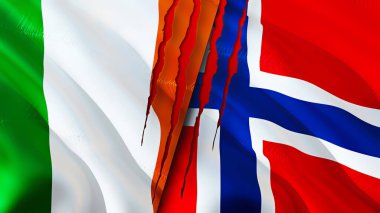İrlanda ve Norveç yara izi kavramına sahip bayraklar. 3D bayrak sallama. İrlanda ve Norveç çatışma konsepti. İrlanda Norveç ilişkileri kavramı. İrlanda bayrağı ve Norveç krizi, savaş, saldırı konsepti
