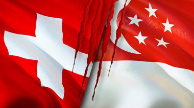 Yara izi olan İsviçre ve Singapur bayrakları. Dalgalanan bayrak, 3 boyutlu görüntüleme. İsviçre ve Singapur çatışma konsepti. İsviçre Singapur ilişkileri kavramı. İsviçre ve Singapur bayrağı