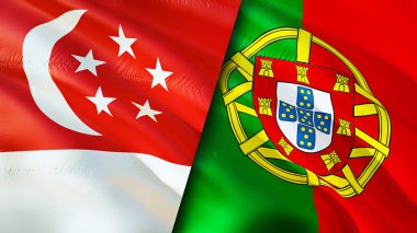Singapur ve Portekiz bayrakları. 3 boyutlu dalgalanan bayrak tasarımı. Singapur Portekiz bayrağı, resim, duvar kağıdı. Singapur, Portekiz 'e karşı, görüntü 3 boyutlu. Singapur Portekiz ilişkileri
