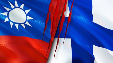 Yara izi olan Tayvan ve Finlandiya bayrakları. Dalgalanan bayrak, 3 boyutlu görüntüleme. Tayvan ve Finlandiya çatışma konsepti. Tayvan-Finlandiya ilişkileri kavramı. Tayvan bayrağı ve Finlandiya krizi, savaş, saldırı konsepti
