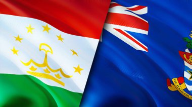 Tacikistan ve Cayman Adaları bayrakları. 3 boyutlu dalgalanan bayrak tasarımı. Tacikistan Cayman Adaları bayrağı, resim, duvar kağıdı. Tacikistan, Cayman Adaları 'na karşı. Görüntü 3 boyutlu. Tacikistan Cayman Adaları ilişkileri
