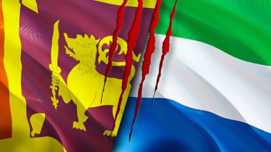 Sri Lanka ve Sierra Leone yara izi olan bayraklar. Dalgalanan bayrak, 3 boyutlu görüntüleme. Sri Lanka ve Sierra Leone çatışma konsepti. Sri Lanka Sierra Leone ilişkileri kavramı. Sri Lanka ve Sierr bayrağı