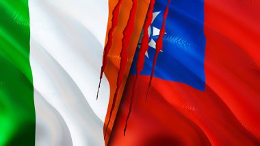 Yara izi olan İrlanda ve Tayvan bayrakları. 3D bayrak sallama. İrlanda ve Tayvan çatışma konsepti. İrlanda Tayvan ilişkileri kavramı. İrlanda ve Tayvan bayrağı krizi, savaş, saldırı konsepti