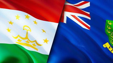 Tacikistan ve Britanya Virgin Adaları bayrakları. 3 boyutlu dalgalanan bayrak tasarımı. Tacikistan İngiliz Virjin Adaları bayrağı, resim, duvar kağıdı. Tacikistan, Britanya Virjin Adaları 'na karşı. Görüntü 3D. Tajikista