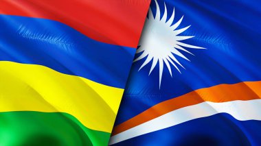 Mauritius ve Marshall Adaları bayrakları. 3 boyutlu dalgalanan bayrak tasarımı. Mauritius Marshall Adaları bayrağı, resim, duvar kağıdı. Mauritius, Marshall Adaları 'na karşı. Görüntü 3 boyutlu. Mauritius Marshall Adası