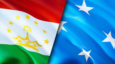 Tacikistan ve Mikronezya bayrakları. 3 boyutlu dalgalanan bayrak tasarımı. Tacikistan Mikronezya bayrağı, resim, duvar kağıdı. Tacikistan, Mikronezya 'ya karşı, görüntü 3 boyutlu. Tacikistan Mikronezya İlişkiler Birliği