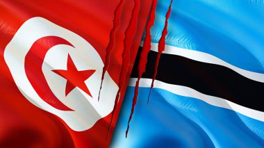 Yara izi olan Tunus ve Botswana bayrakları. Dalgalanan bayrak, 3 boyutlu görüntüleme. Tunus ve Botswana çatışma konsepti. Tunus Botsvana ilişkileri kavramı. Tunus bayrağı ve Botswana krizi, savaş, attac
