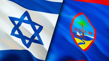 İsrail ve Guam bayrakları. 3 boyutlu dalgalanan bayrak tasarımı. İsrail Guam bayrağı, resim, duvar kağıdı. İsrail, Guam 'a karşı, görüntü 3 boyutlu. İsrail Guam ilişkileri ittifak ve ticaret, seyahat, turizm konsepti