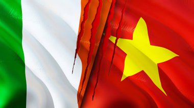 Yara izi olan İrlanda ve Vietnam bayrakları. 3D bayrak sallama. İrlanda ve Vietnam çatışma konsepti. İrlanda Vietnam ilişkileri kavramı. İrlanda ve Vietnam bayrağı krizi, savaş, saldırı konsepti