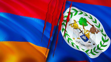 Yara izi olan Ermenistan ve Belize bayrakları. Dalgalanan bayrak, 3 boyutlu görüntüleme. Ermenistan ve Belize çatışma konsepti. Ermenistan Belize ilişkileri kavramı. Ermenistan ve Belize bayrağı kriz, savaş, saldırı konsepti