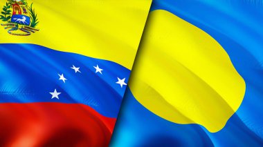 Venezuela ve Palau bayrakları. 3 boyutlu dalgalanan bayrak tasarımı. Venezuela Palau bayrağı, resim, duvar kağıdı. Venezuela, Palau 'ya karşı, görüntü 3 boyutlu. Venezuela Palau ilişkileri ittifak ve ticaret, seyahat, turizm konsepti