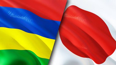 Mauritius ve Japonya bayrakları. 3 boyutlu dalgalanan bayrak tasarımı. Mauritius Japonya bayrağı, resim, duvar kağıdı. Mauritius, Japonya 'nın 3 boyutlu görüntüsüne karşı. Mauritius Japonya ilişkileri ittifak ve ticaret, seyahat, turizm konsepti