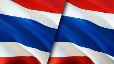 Tayland ve Tayland bayrakları. 3 boyutlu dalgalanan bayrak tasarımı. Tayland ve Tayland bayrağı, resim, duvar kağıdı. Tayland, Tayland 'a karşı. Görüntü 3 boyutlu. Tayland ilişkileri ittifak ve ticaret, seyahat, turnuva