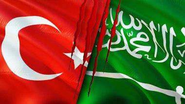 Türkiye ve Suudi Arabistan yara izi kavramına sahip bayraklar. Dalgalanan bayrak, 3 boyutlu görüntüleme. Türkiye ve Suudi Arabistan çatışma konsepti. Türkiye Suudi Arabistan ilişkileri kavramı. Türkiye ve Suudi Arabistan bayrağı