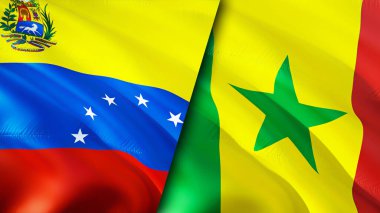 Venezuela ve Senegal bayrakları. 3 boyutlu dalgalanan bayrak tasarımı. Venezuela Senegal bayrağı, resim, duvar kağıdı. Venezuela, Senegal imajına karşı, 3 boyutlu görüntüleme. Venezuela Senegal ilişkileri ittifak ve ticaret, seyahat, turnuva