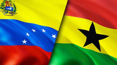 Venezuela ve Gana bayrakları. 3 boyutlu dalgalanan bayrak tasarımı. Venezuela Gana bayrağı, resim, duvar kağıdı. Venezuela, Gana 'ya karşı, görüntü 3 boyutlu. Venezuela Gana ilişkileri ittifak ve ticaret, seyahat, turizm konsepti