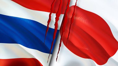 Yara izi olan Tayland ve Japonya bayrakları. Dalgalanan bayrak, 3 boyutlu görüntüleme. Tayland ve Japonya çatışma konsepti. Tayland ve Japonya ilişkileri kavramı. Tayland bayrağı ve Japonya krizi, savaş, saldırı konsepti