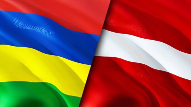 Mauritius ve Letonya bayrakları. 3 boyutlu dalgalanan bayrak tasarımı. Mauritius Letonya bayrağı, resim, duvar kağıdı. Mauritius, Letonya görüntüsüne karşı, 3 boyutlu görüntüleme. Mauritius Letonya ilişkileri ittifak ve ticaret, seyahat, turnuva